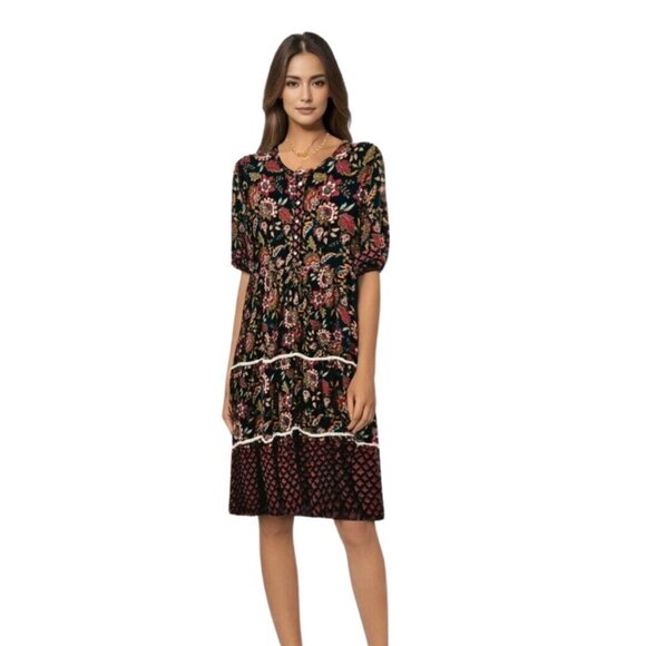 Vintage Wrapper Womens Floral Midi Dress L Retro Cottage Tiered Prairie Ruffle - Picture 1 of 12